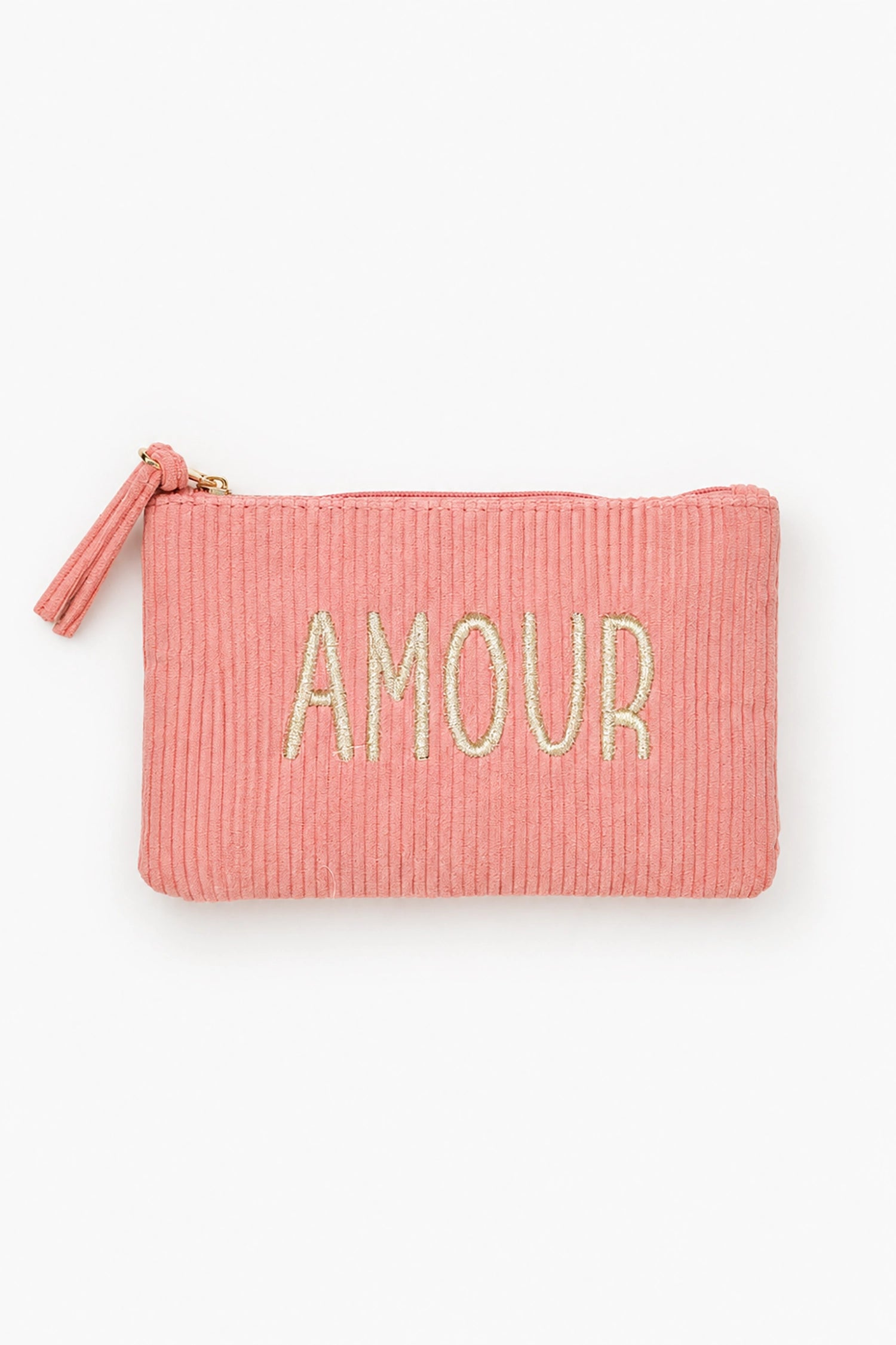 Pink pouch with 'AMOUR' embroidery on a white background