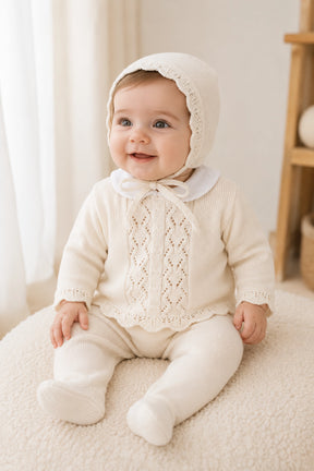 Baby wearing a cream-colored knitted outfit with a bonnet, sitting on a soft surface.