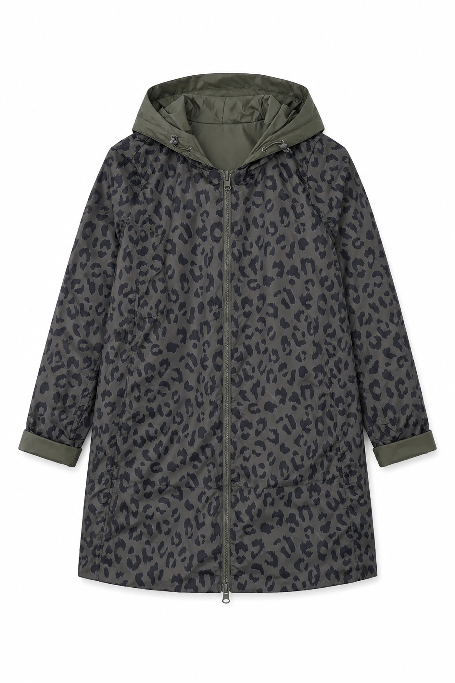Gray coat with green leopard print pattern on a white background