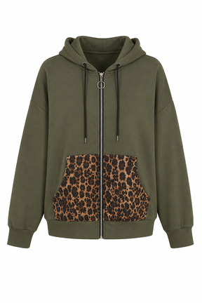 Green hoodie with leopard print pocket on a white background