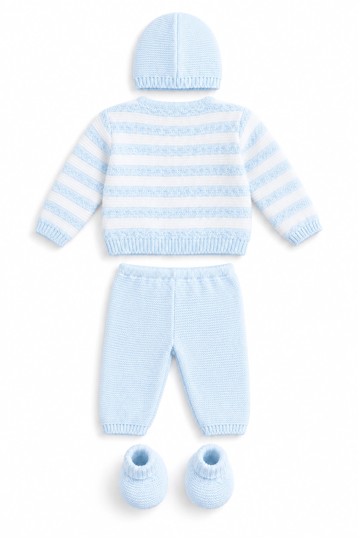 Knitted baby outfit with striped sweater, pants, and booties on a white background