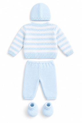 Knitted baby outfit with striped sweater, pants, and booties on a white background