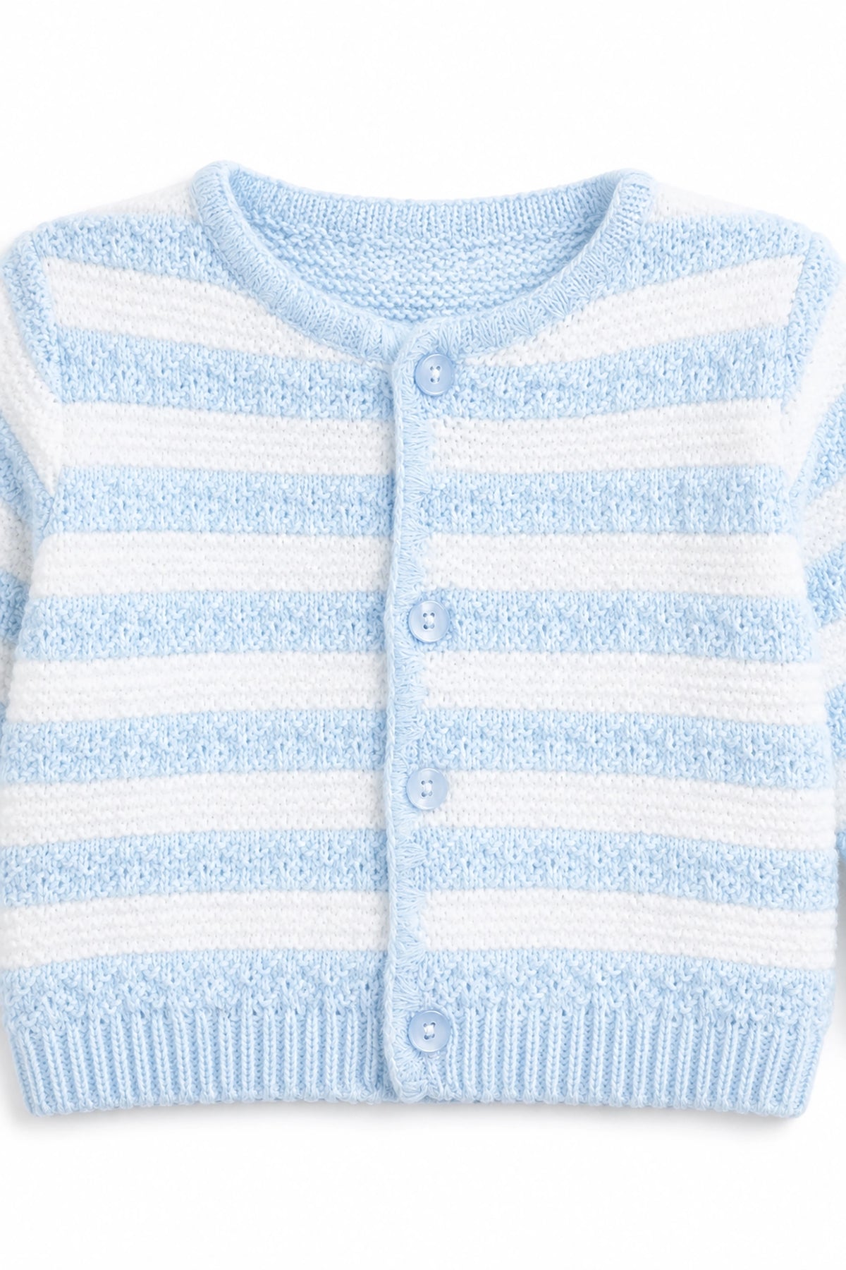 Light blue and white striped baby cardigan on a white background