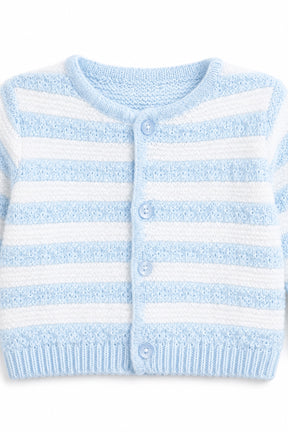 Light blue and white striped baby cardigan on a white background