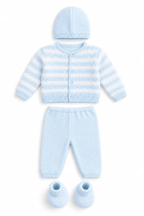 Knitted baby outfit with cardigan, pants, and booties on a white background