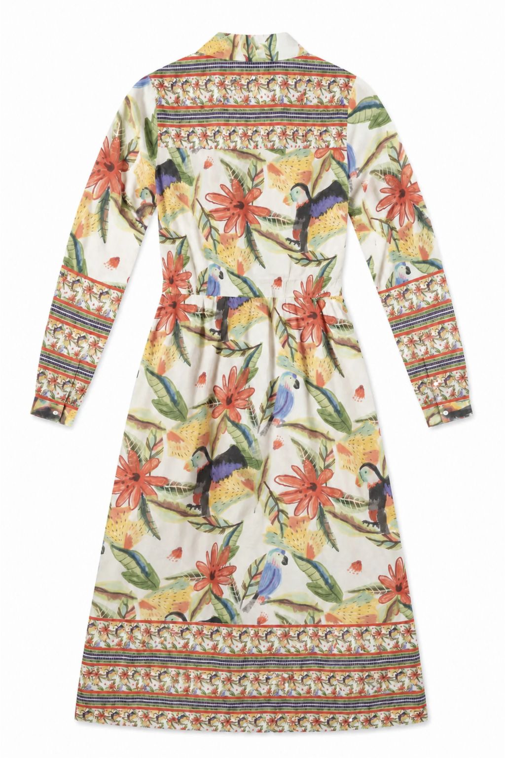 Colorful dress with floral and parrot pattern on a white background