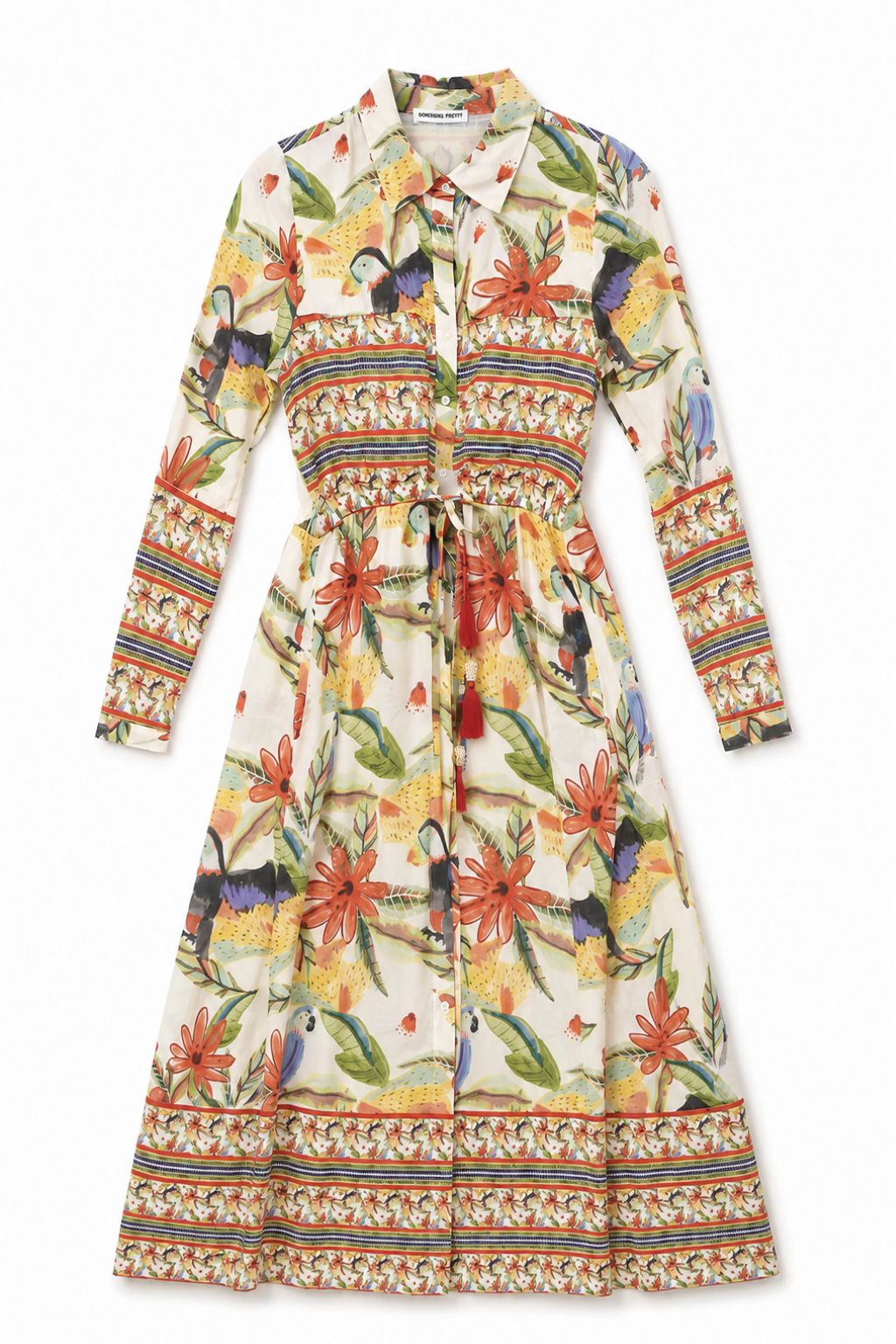 Colorful floral and bird patterned dress on a white background