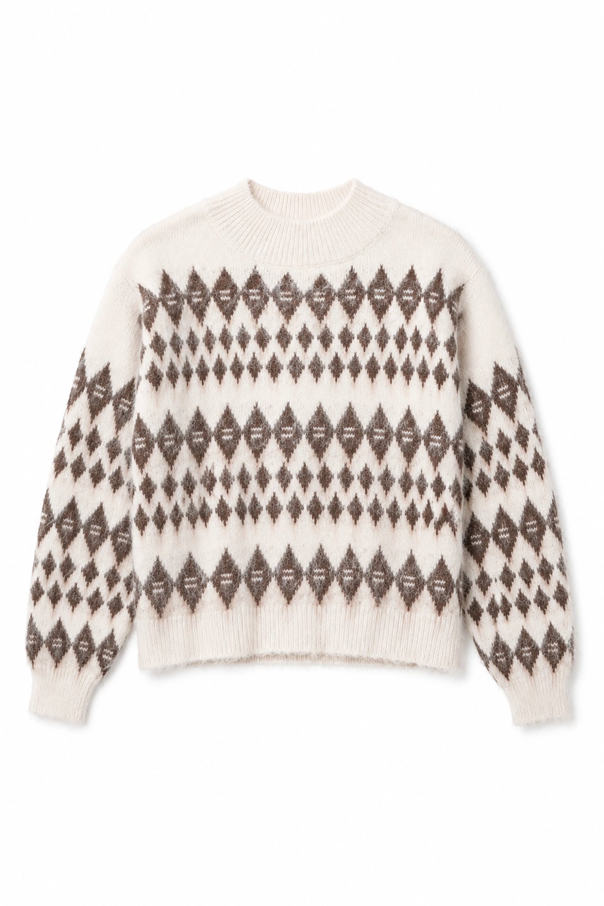 White sweater with brown geometric pattern on a white background