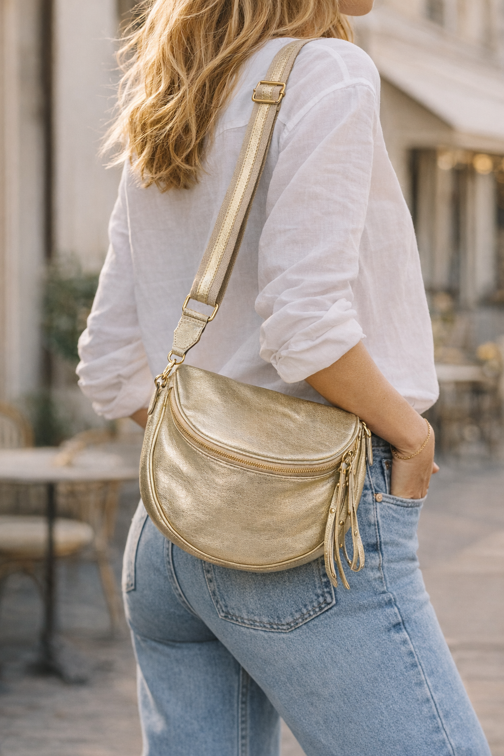 metallic gold cross over bag