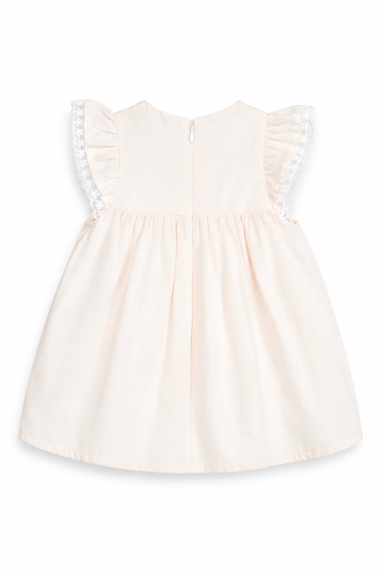 peach dress with lace details on a white background