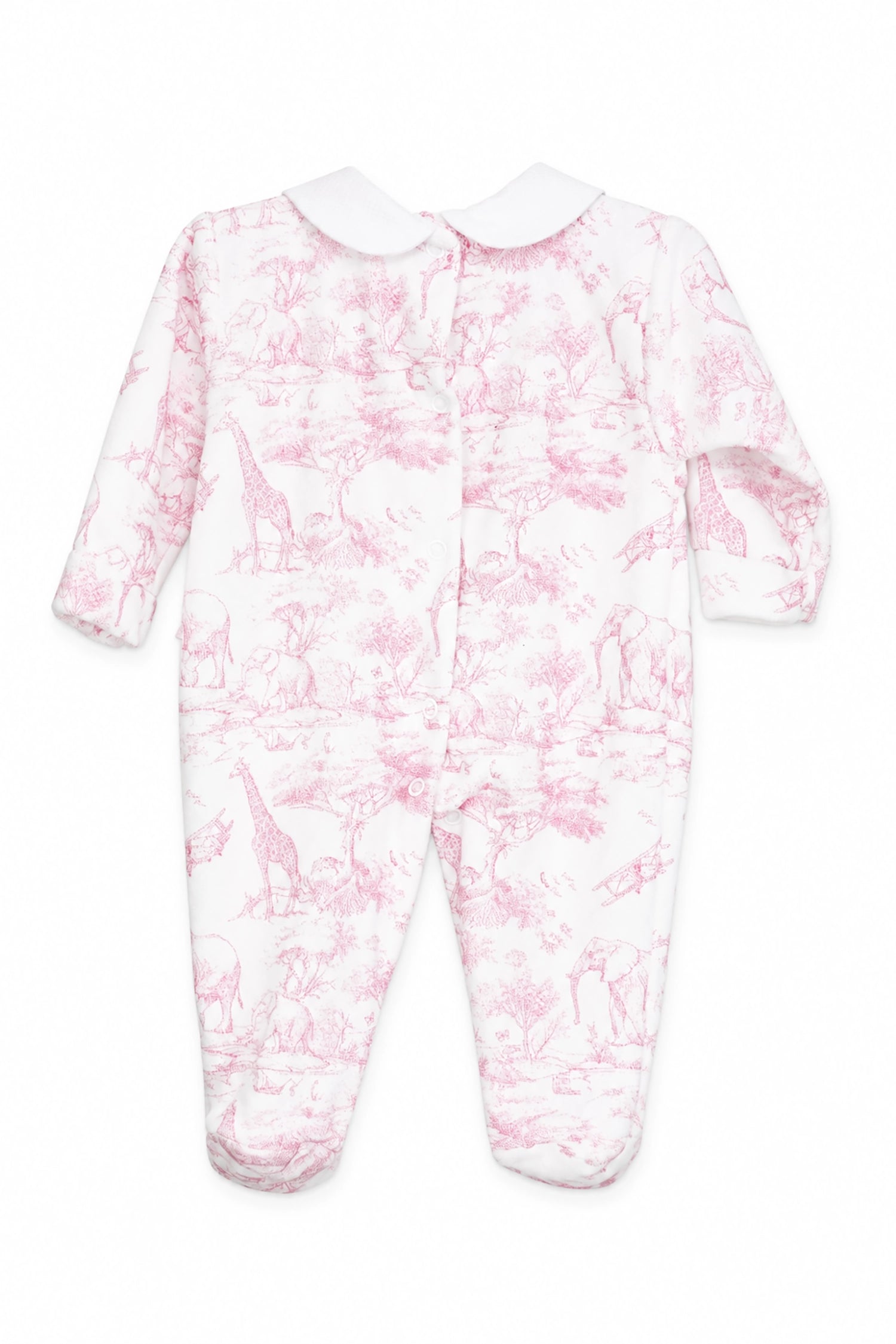 Baby onesie with pink floral pattern on a white background
