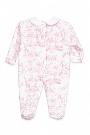 Baby onesie with pink floral pattern on a white background