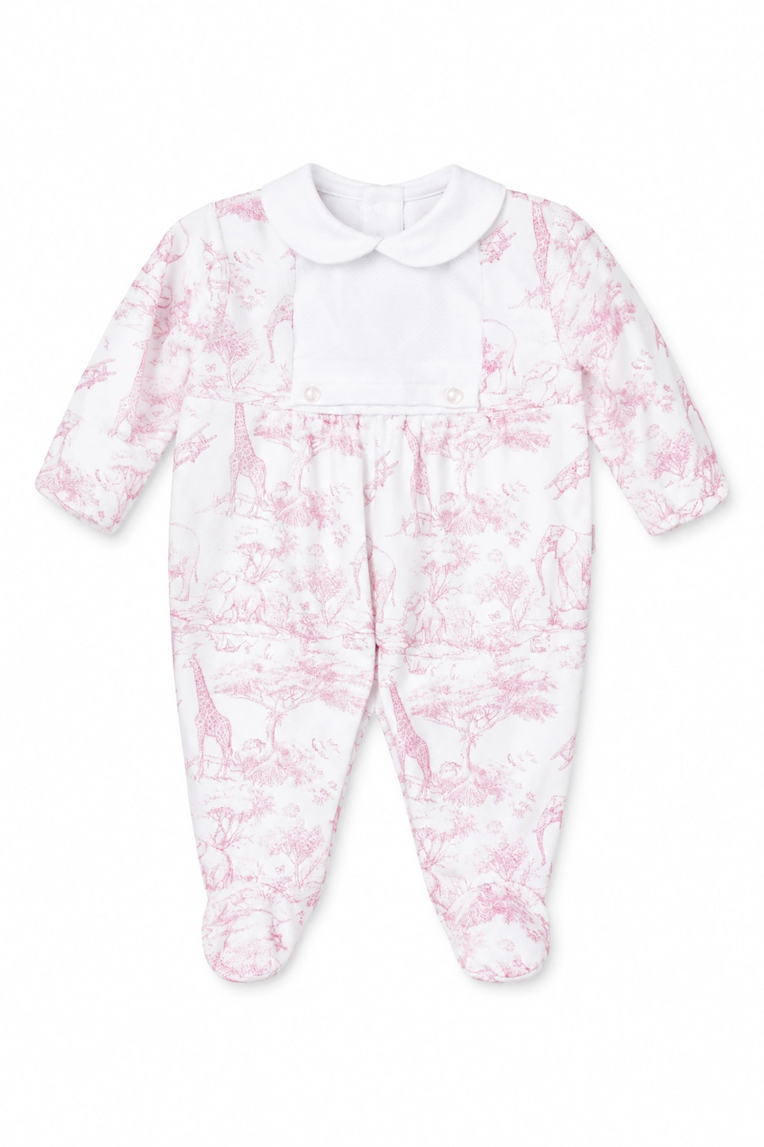Baby onesie with pink floral pattern on a white background