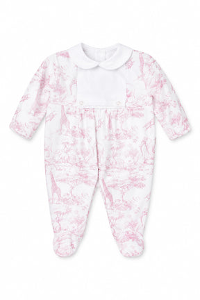 Baby onesie with pink floral pattern on a white background