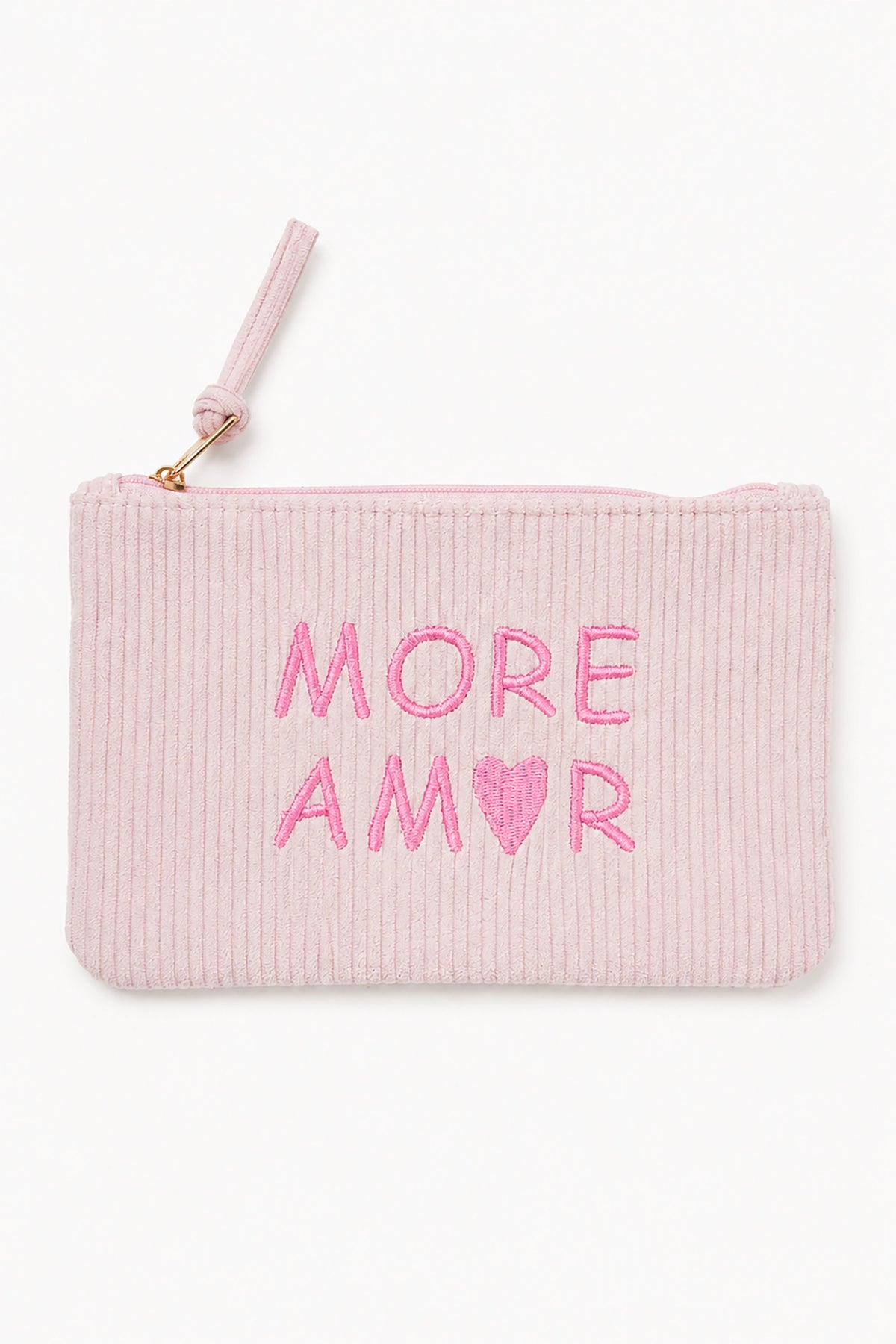 Pink pouch with 'MORE AMOR' text and heart symbol on a white background