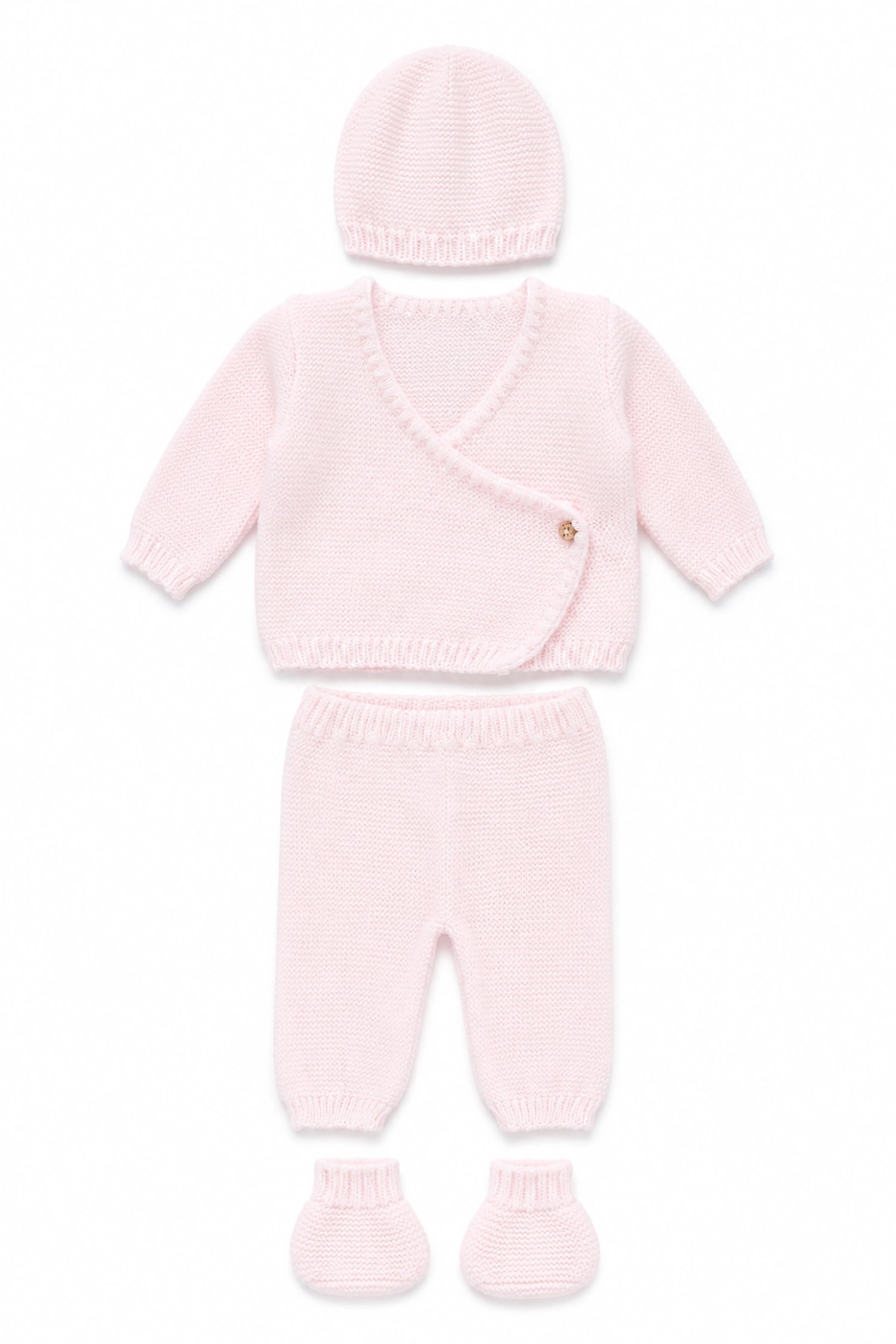 Pink baby outfit with hat, jacket, pants, and booties on a white background