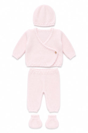 Pink baby outfit with hat, jacket, pants, and booties on a white background