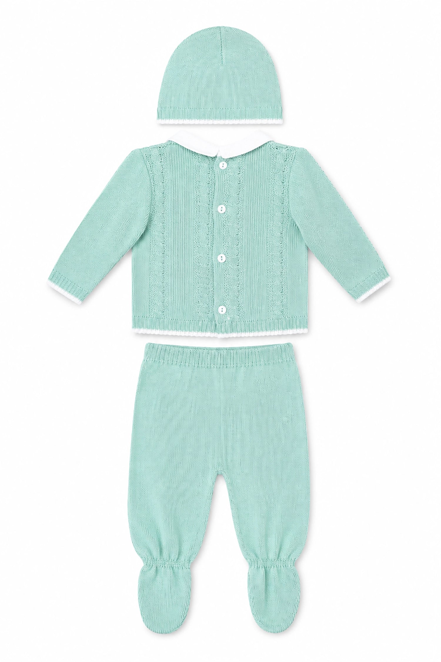 Mint green baby outfit with hat on a white background