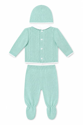 Mint green baby outfit with hat on a white background