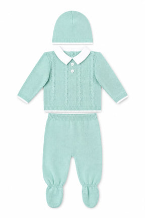 Mint green baby outfit with matching hat on a white background
