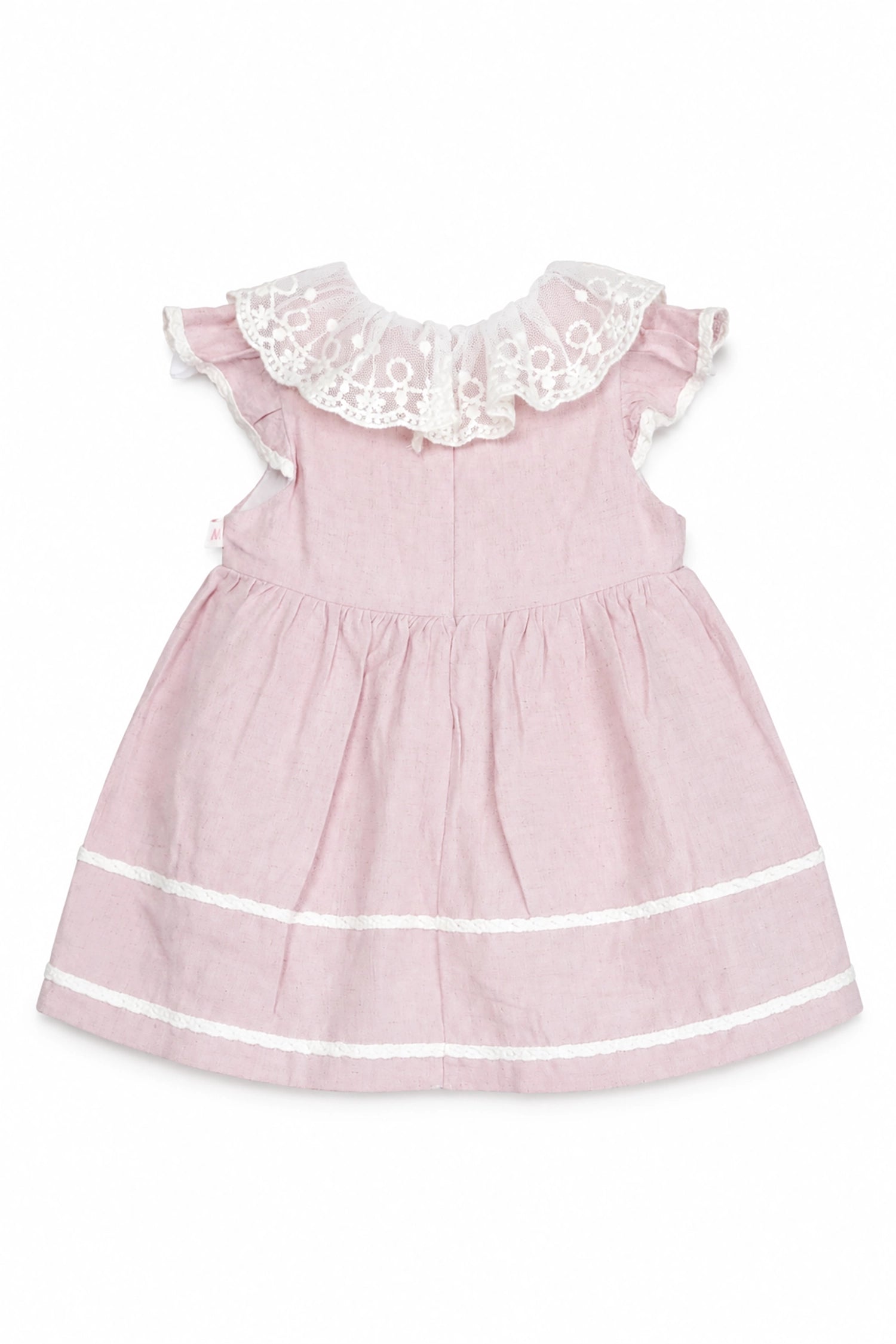 Pink dress with white lace collar on a white background