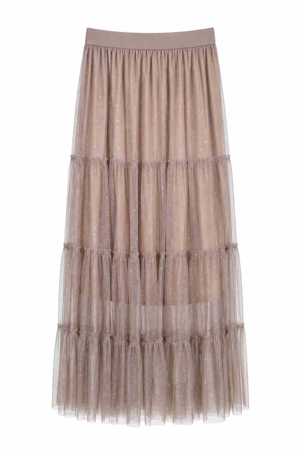 Long tiered skirt with a sheer overlay on a white background