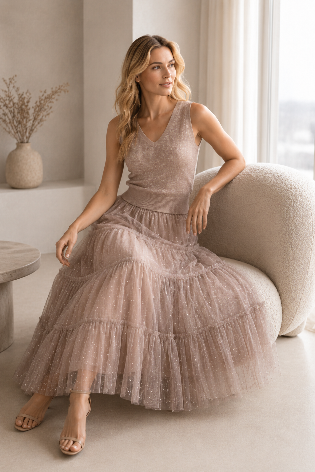 Woman in a long, tiered dress sitting on a couch in a bright room.